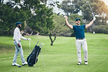 Image showing Golf course, men friends and celebration for winning, eagle shot or training together with happiness. Black man, golfer and field for sports, celebrate goal and winner at competition with diversity