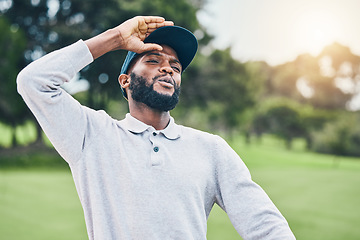 Image showing Man, golf course and disappointment for shot at game, sport or angry for mistake competition on outdoor field. Professional African golfer, stress or anger at contest for fail, games or training