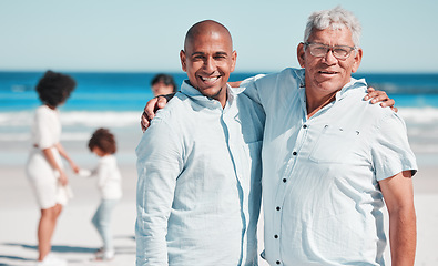 Image showing Beach, portrait and senior man with his son while on a summer family vacation, adventure or holiday. Travel, happy and elderly male in retirement with his adult child on tropical seaside weekend trip