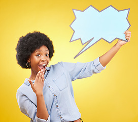 Image showing Wow, speech bubble and portrait of black woman in studio with mockup for social media, advertising or space. Face, poster and shocked girl with billboard for news or announcement on yellow background