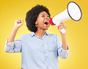 Image showing Megaphone announcement, shout or studio black woman protest for democracy vote, justice or human rights rally. Racism opinion, microphone speech or angry justice speaker isolated on yellow background