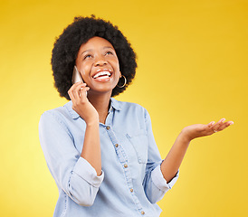 Image showing Phone call, black woman or hands gesture for mock up space, advertising mockup or marketing promotion. Communication, happy or talking person laugh with product placement deal on yellow background