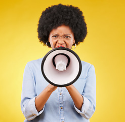 Image showing Megaphone announcement, portrait or angry black woman protest for democracy vote, justice or human rights rally. Racism, microphone voice speech or justice speaker shout isolated on yellow background