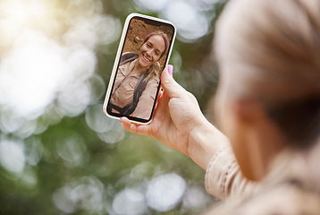 Image showing Hiking, phone selfie or happy woman in nature, forest or wilderness live streaming trekking adventure. Pictures, 5g social media online post or girl hiker walking in natural park or woods on holiday