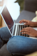 Image showing Laptop, female and hands typing on a keyboard while working on a freelance project at her house. Technology, research and closeup of woman working on a report with a computer in living room at home.