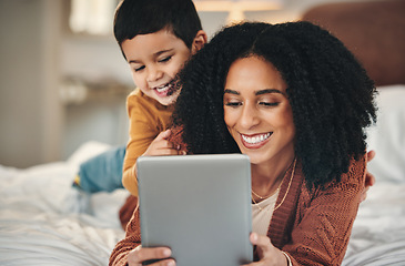 Image showing Tablet, mother and kid smile on bed, bonding and streaming movie, film or video online. Technology, care and relax of happy mama with touchscreen for learning development with boy or child in bedroom