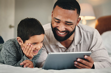 Image showing Dad, son and bed with tablet for bonding, love and streaming movies on web app with happiness. Man, kid and bedroom in family home with mobile touchscreen ux for gaming, e learning and relax together