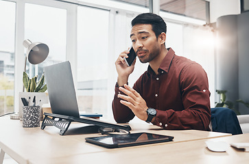 Image showing Phone call communication, stress and laptop person talking to tech contact for computer problem, 404 error or database crash. System crisis, reading and man consulting on website or software fail