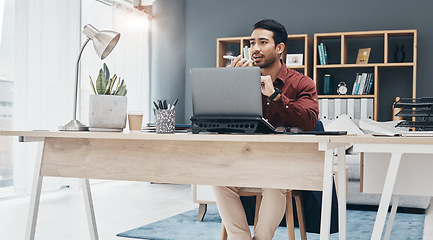 Image showing Speaker phone call, communication and business man networking, listening and consulting with digital contact. Voice note, speaking and focused person, consultant or manager talking in conversation