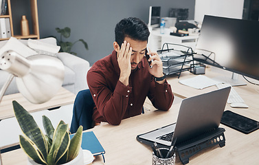 Image showing Phone call stress, frustrated or man talking to tech contact for computer glitch, user database error or 404 system crash. Crisis, communication problem or person consulting on website software fail