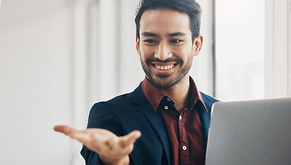 Image showing Invisible hologram, hand and business man in office with gesture for digital, virtual tech and ai. Networking, 3d technology mockup and happy male at desk with laptop for internet, research and ux