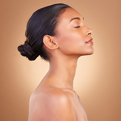 Image showing Beauty, makeup and profile of Indian woman for skincare, wellness and facial treatment in studio. Dermatology, luxury spa mockup and isolated face of girl with healthy skin, cosmetics and confident