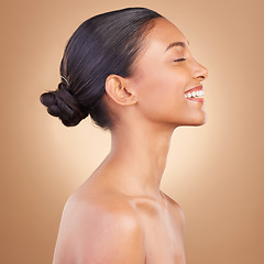 Image showing Face, beauty and profile of Indian woman with smile for wellness, healthy skin and facial treatment in studio. Dermatology skincare, luxury spa and happy girl with makeup, cosmetics and confidence