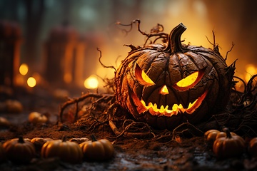 Image showing Spooky Halloween pumpkin with evil face