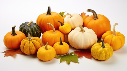 Image showing Many different pumpkins on white