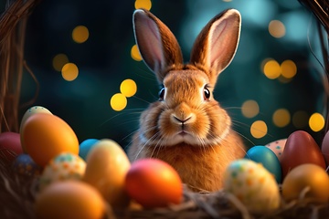 Image showing Rabbit in basket with easter eggs