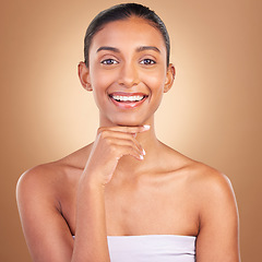 Image showing Indian woman, skincare and studio portrait with smile for wellness, spa treatment and healthy by background. Girl, model and asian with cosmetics, happiness and natural glow on facial skin for health