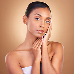 Image showing Skincare, self care beauty and woman portrait in a studio for wellness and dermatology. Cosmetics, model and facial glow of a young person with makeup and healthy face shine from cosmetology