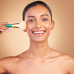 Image showing Makeup brush, smile portrait and woman with natural beauty, wellness and happiness from cosmetics. Facial skin glow, happy and cosmetic tool of a young female model with self care in a studio