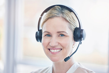 Image showing Call center, portrait and happy woman, consultant or agent in customer support, virtual communication and consulting service. Online tech advisor, telecom person or friendly worker face in headset