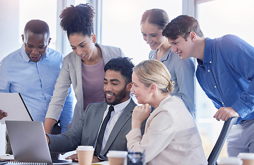 Image showing Business people, laptop and collaboration in meeting, planning or idea for team strategy at office desk. Group of diverse employee workers sharing ideas in teamwork on computer for project plan