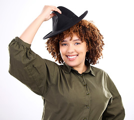 Image showing Black woman, smile and portrait with a hat in studio for fashion, style and happiness or beauty. Face, happy model or person isolated on white background with stylish accessory, kindness and respect