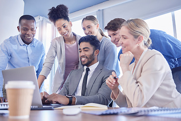 Image showing Business people, laptop and team support in meeting for collaboration, planning or strategy at office. Group of diverse employee workers sharing idea in teamwork on computer for schedule project plan