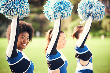 Image showing Black woman cheerleader, field and smile in portrait for teamwork or sport motivation in sunshine. Girl, group and fitness for diversity, support or solidarity for balance, muscle or training