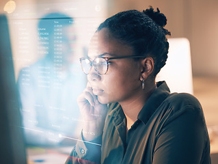 Image showing Overlay, programming and coding with a black woman developer thinking while working on a ux, ai or 3d interface. Computer, software and data with a female employee or programmer reading code at work