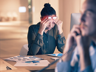 Image showing Business woman, headache and computer in stress, burnout or suffering pain at night by office desk. Female employee rubbing head or touching painful area by desktop PC feeling overworked at workplace