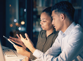 Image showing Teamwork, tablet and working night at digital agency with collaboration or train for web design, technology and IT. Programming, software update and overtime for deadline, email marketing and ux app