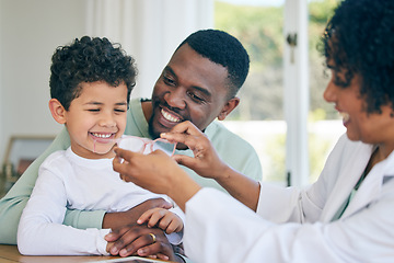 Image showing Father, boy child and optometrist for glasses, eye care and fitting frame with smile, happiness or healthcare. Black man, ophthalmologist woman or kid with service, lens or happy for choice at clinic