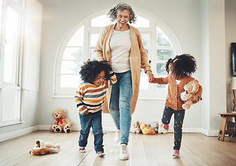 Image showing Happy family, grandmother and children play hopscotch in home having fun, enjoy games and relax in bedroom. Bonding, entertainment and grandma with kids for jumping, playing and numbers activity