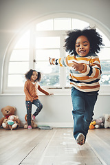 Image showing Hopscotch, happy and children play in home having fun, enjoy games and relax together in room. Childhood, entertainment and excited siblings in bedroom for jumping game, playing and activity