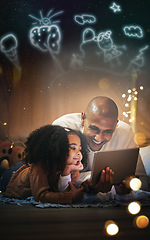 Image showing Night, tablet and smile with father and daughter in blanket tent for connection, happy and streaming cartoon. Creative, app and fairy lights with man and girl at home for youth, internet and online