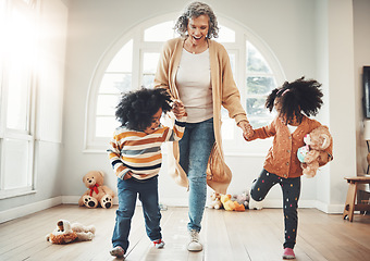 Image showing Hopscotch, happy and children play with grandmother in home having fun, enjoy games and relax together. Happy family, childhood and kids with grandma for jumping game, balance and numbers activity