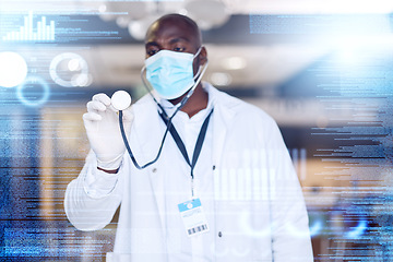 Image showing Doctor, man and stethoscope in hand with overlay, hologram and listen with big data analysis, graph and futuristic lab. African medic, medical research and holographic display with covid mask at job