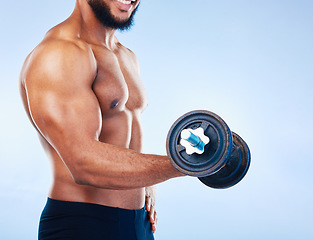 Image showing Black man, fitness and weightlifting with dumbbell, biceps and muscle training with endurance on blue background. Health, strong and power with challenge, male flexing arms and bodybuilder in studio