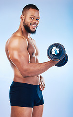 Image showing Black man, exercise and weightlifting, dumbbell and biceps muscle training, smile in portrait on blue background. Health, strong and power, male flexing arms and bodybuilder with underwear in studio