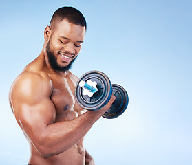 Image showing Black man with smile, fitness and bodybuilder, weightlifting with dumbbell and biceps, muscle training on blue background. Health, strong and power, male flexing arms and workout challenge in studio