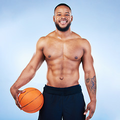 Image showing Basketball, sports and portrait of black man in studio with smile for fitness, exercise and training. Sport mockup, motivation and happy male athlete model with ball for active, workout and practice