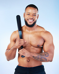 Image showing Baseball player, black man and studio portrait with smile, shirtless and happy for sports by blue background. Young fitness expert, body wellness and bat in hands for development, sport and workout