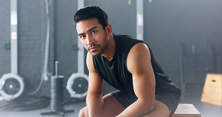 Image showing Portrait of man, fitness and healthy gym sports muscle training athlete. Young calm Asian male, wellness exercise workout motivation and bodybuilder vision relax in lifestyle health club studio