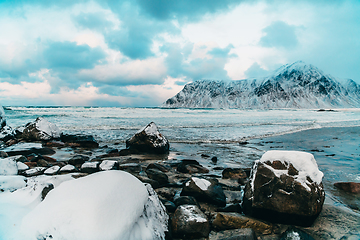 Image showing Norway coast in winter with snow bad cloudy weather