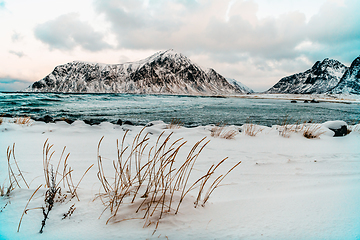 Image showing Norway coast in winter with snow bad cloudy weather