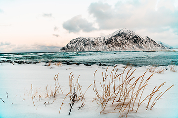 Image showing Norway coast in winter with snow bad cloudy weather