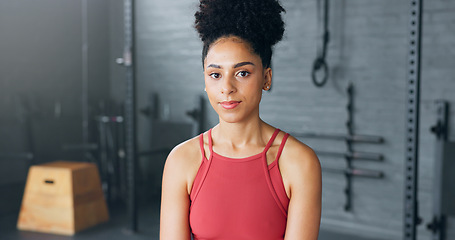 Image showing Exercise, motivation and portrait of black woman at the gym ready for workout. Smile, happy and female personal trainer in gymnasium for inspiration in sports, fitness and training for body wellness