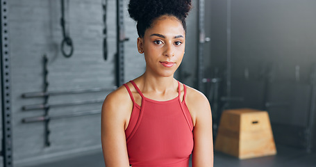 Image showing Exercise, motivation and portrait of black woman at the gym ready for workout. Smile, happy and female personal trainer in gymnasium for inspiration in sports, fitness and training for body wellness