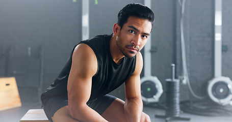 Image showing Portrait of man, fitness and healthy gym sports muscle training athlete. Young calm Asian male, wellness exercise workout motivation and bodybuilder vision relax in lifestyle health club studio
