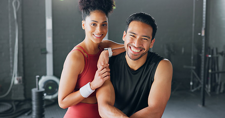 Image showing Health, fitness and personal trainer team at gym for exercise, motivation and body goal, happy and relax. Friends, workout and portrait of black woman and man bond, ready and excited for challenge